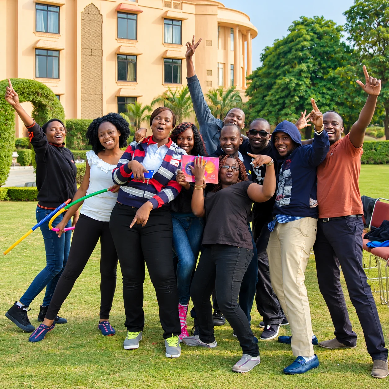 Home joyful group celebration on the lawn