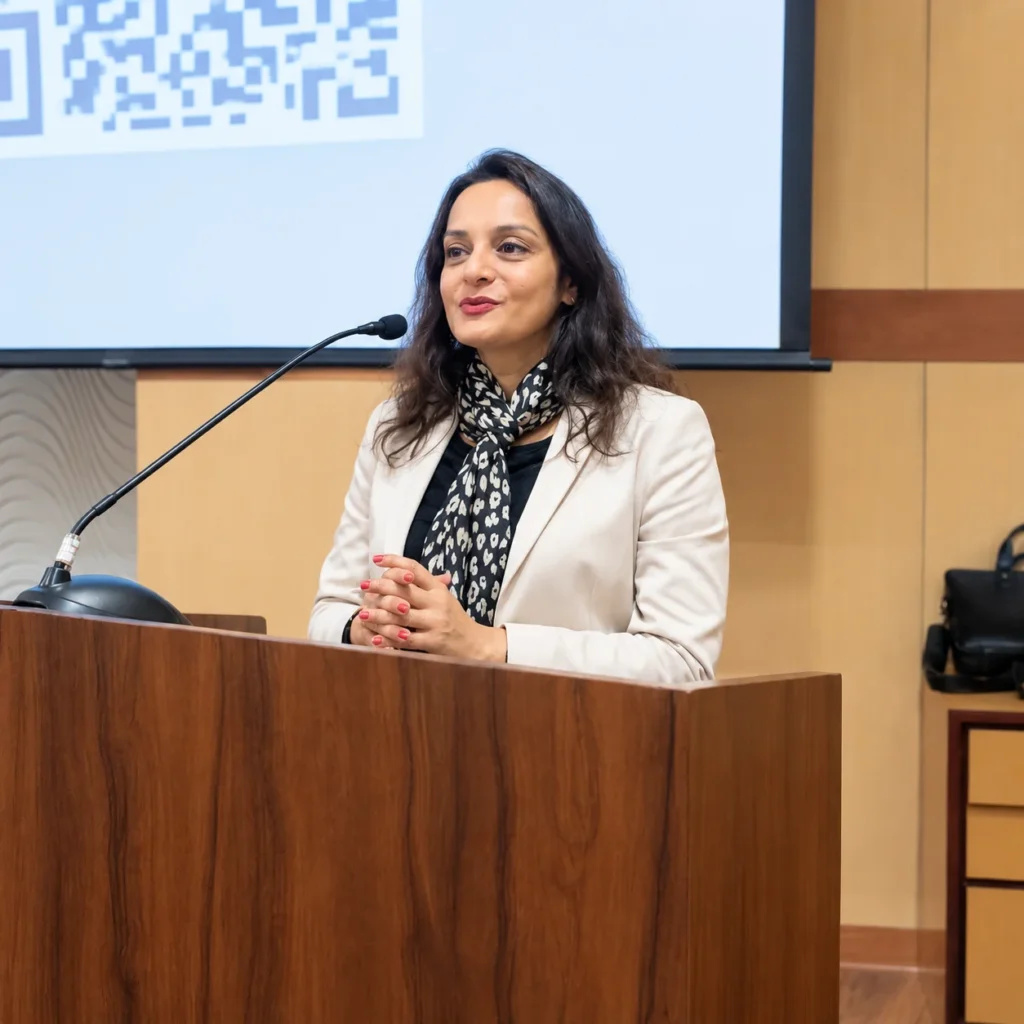 confident speaker at the lectern